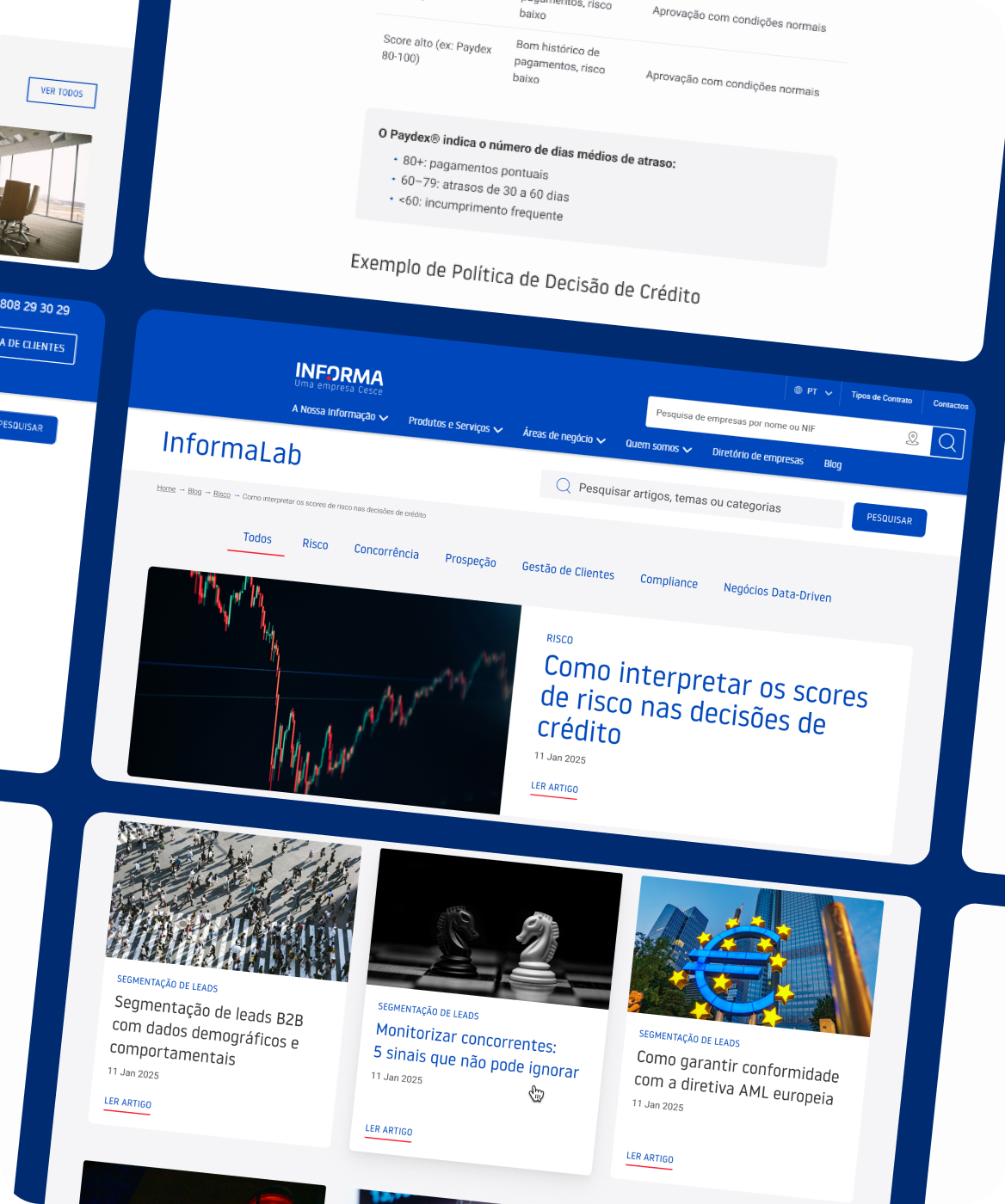 Página do InformaLab com artigo sobre interpretação de scores de risco de crédito, gráficos financeiros e destaques de conteúdos B2B.